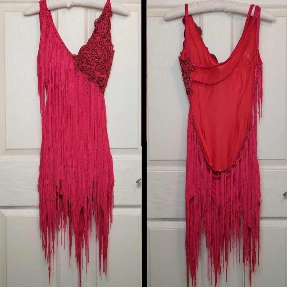Women's Medium Pink Latin Ballroom Dance Fringe Rhinestone Dress Costume - Picture 4 of 16